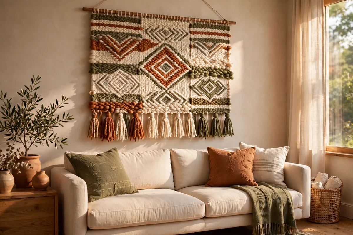 Woven wool wall hanging in autumn tones above a sofa