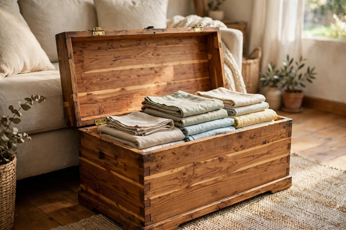 Lidded cedar chest storing summer linens by the sofa