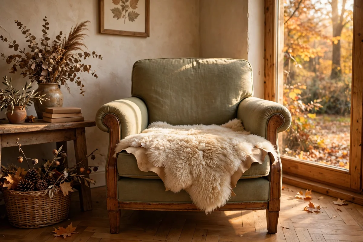 Sheepskin draped over an armchair seat in an autumn living room