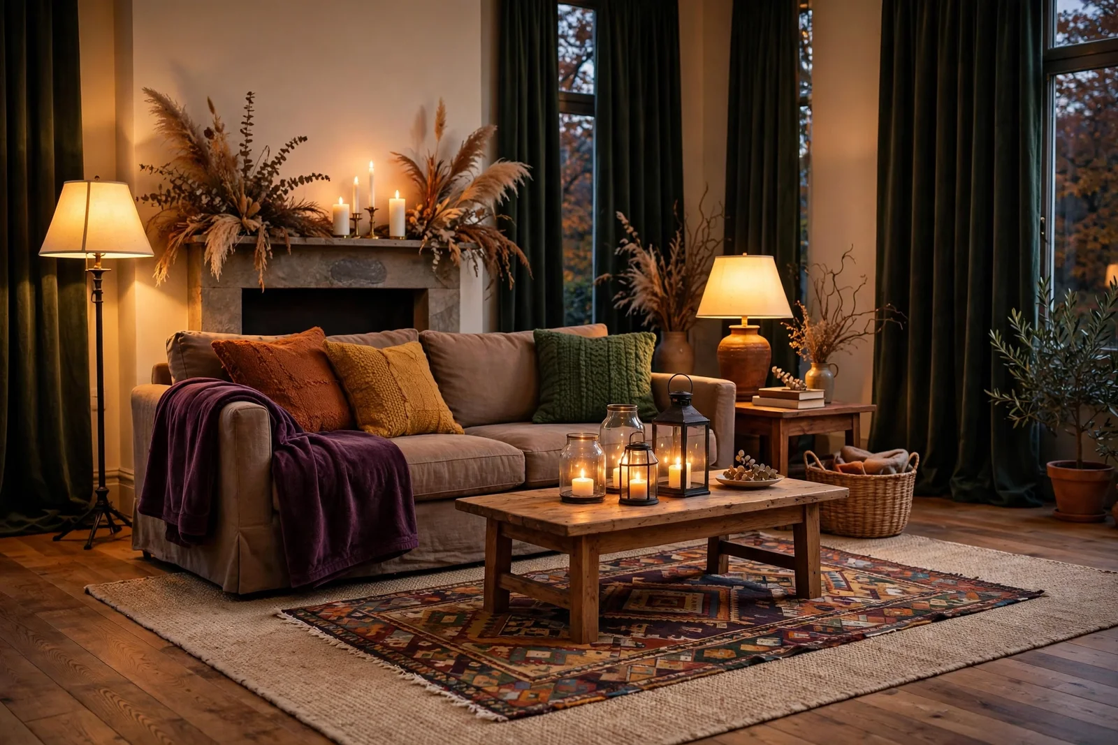 Warm autumn living room with rust wool cushions, deep plum throw, layered rugs and golden lamplight