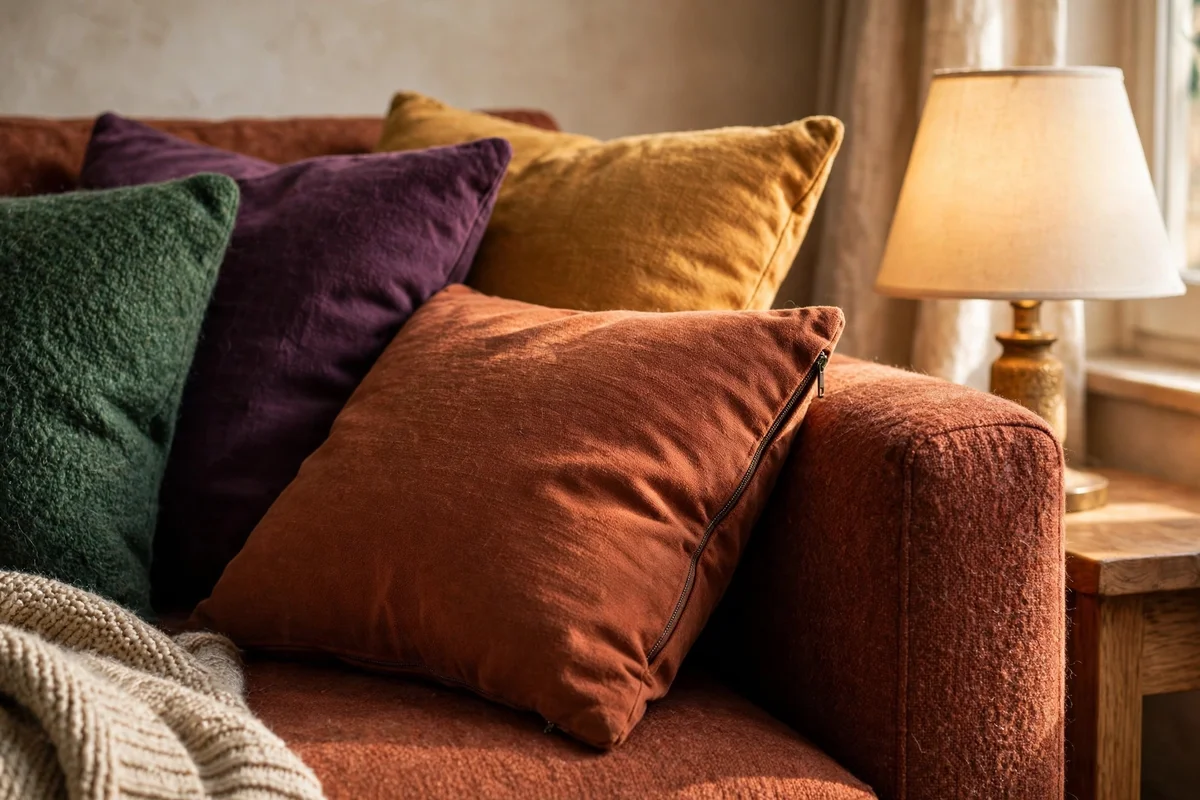 Rust wool cushion covers on a sofa beside a glowing shaded lamp