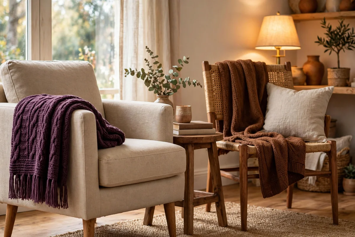 Deep plum throw folded over a sofa arm in warm lamplight