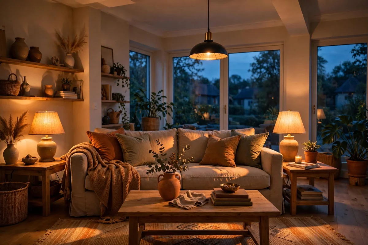 Warm glowing bulbs in a living room with golden evening light