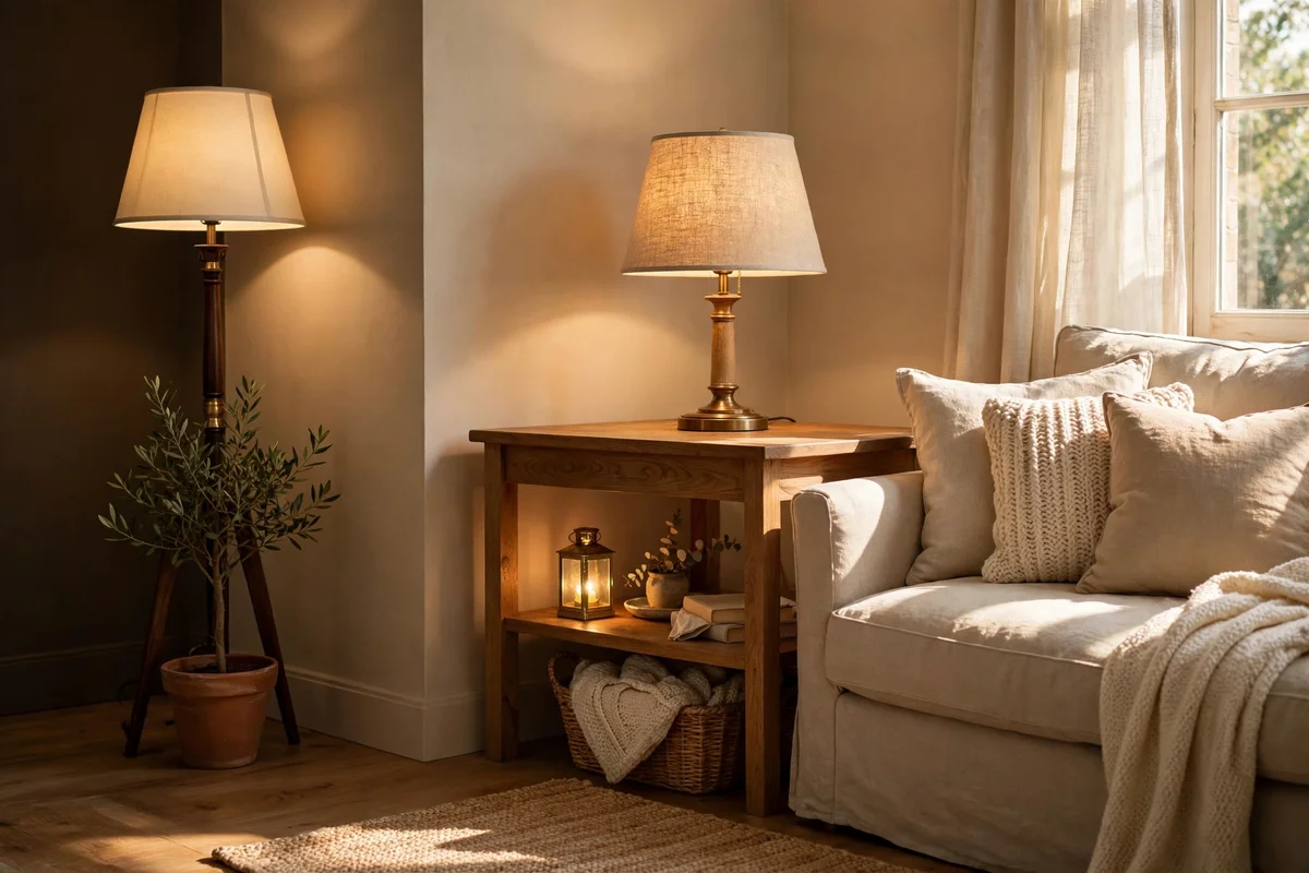 Floor lamp, table lamp and corner lantern glowing at different heights