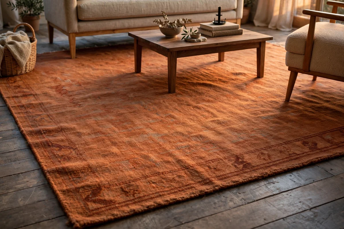 Large wool rug layered over wooden floor under a sofa