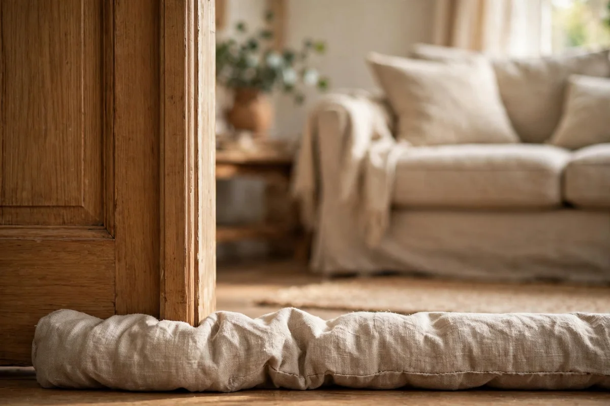 Linen door snake resting along the base of a wooden door