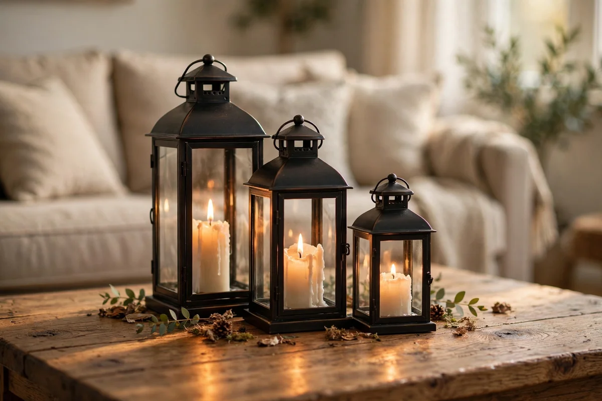 Three glass lanterns with lit candles on a coffee table