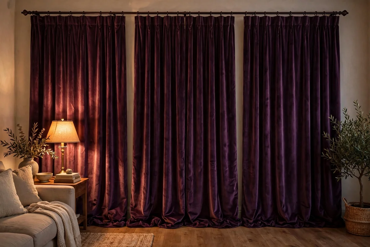 Heavy velvet curtains drawn across a window at dusk