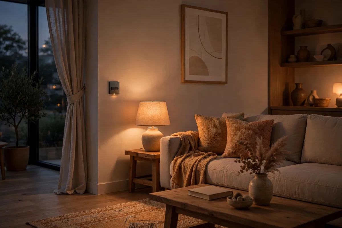 Dimmer switch on a wall with lamps glowing softly at low brightness