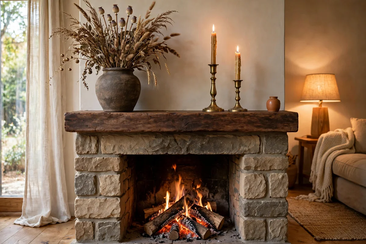 Mantel styled with dried grasses, tall candles and brass candlesticks