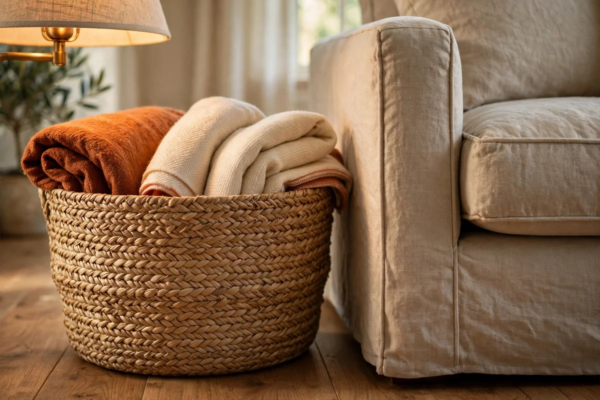 Woven basket of folded throws beside a sofa in lamplight
