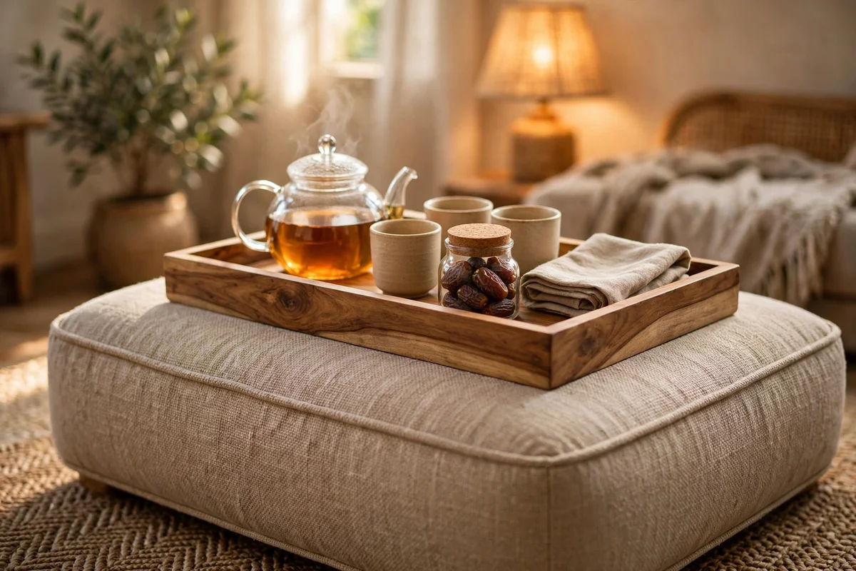 Wooden tray with glass teapot and cups on an ottoman