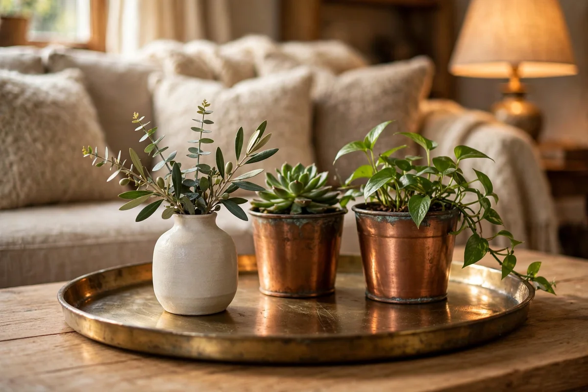 Brass tray and copper pots catching warm lamplight on a coffee table