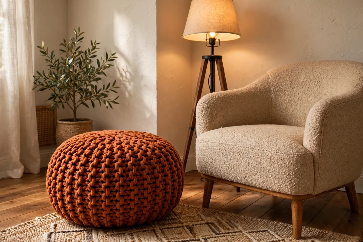 Chunky knit pouf beside an armchair in warm evening light