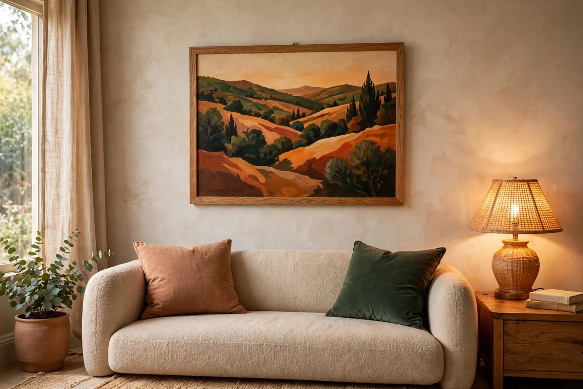 Warm toned amber landscape print above a sofa in lamplight