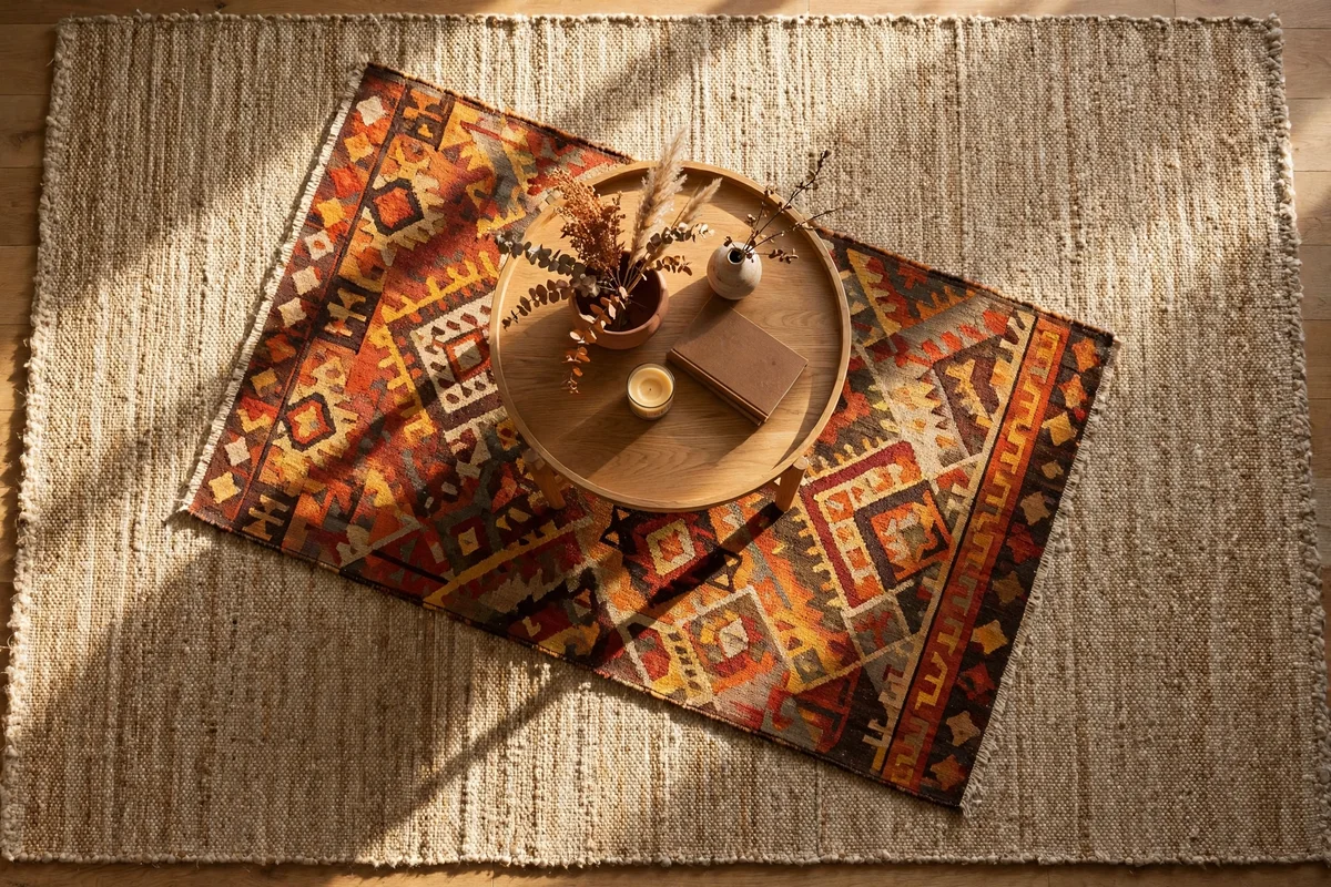 Patterned rug layered at an angle over a large neutral rug