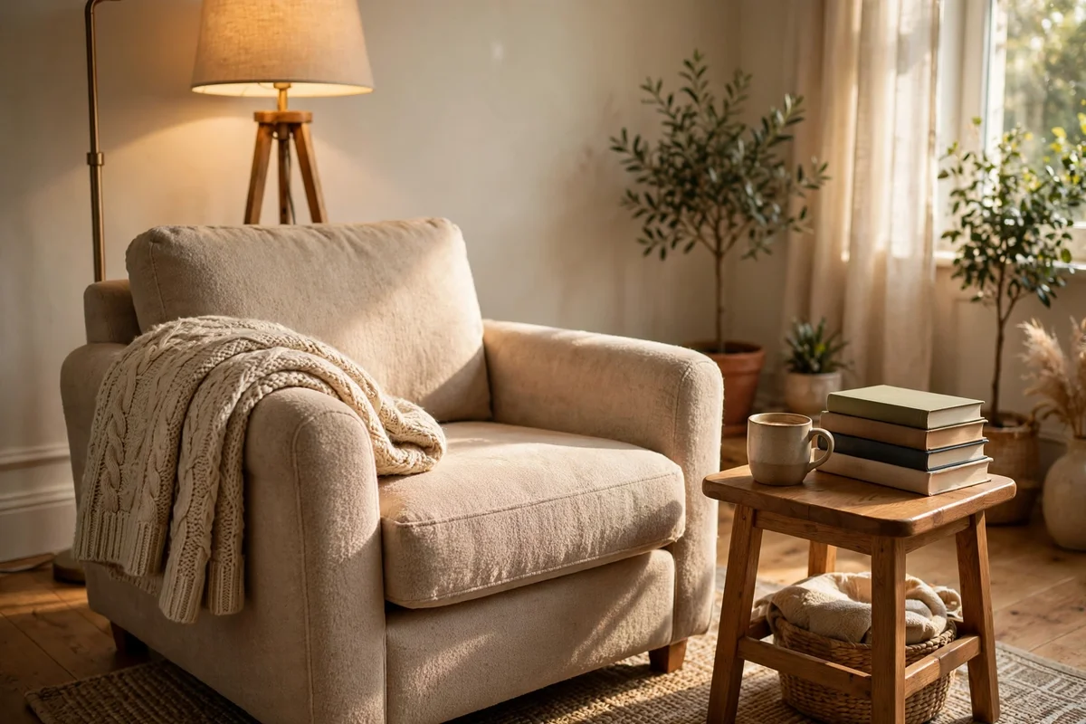 Armchair with floor lamp and wool throw in a cosy corner