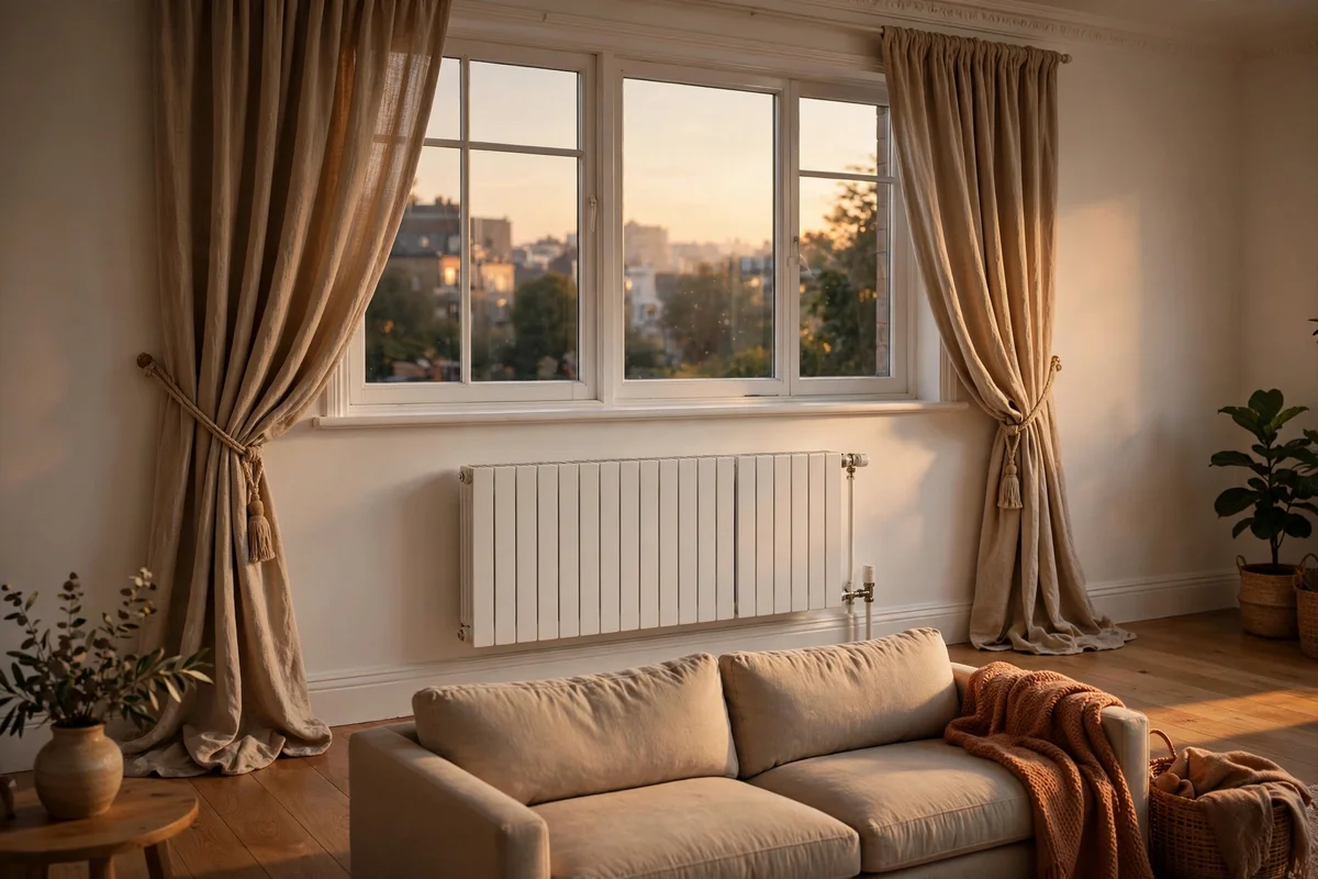 Radiator with clear space in front, warm curtains tied back