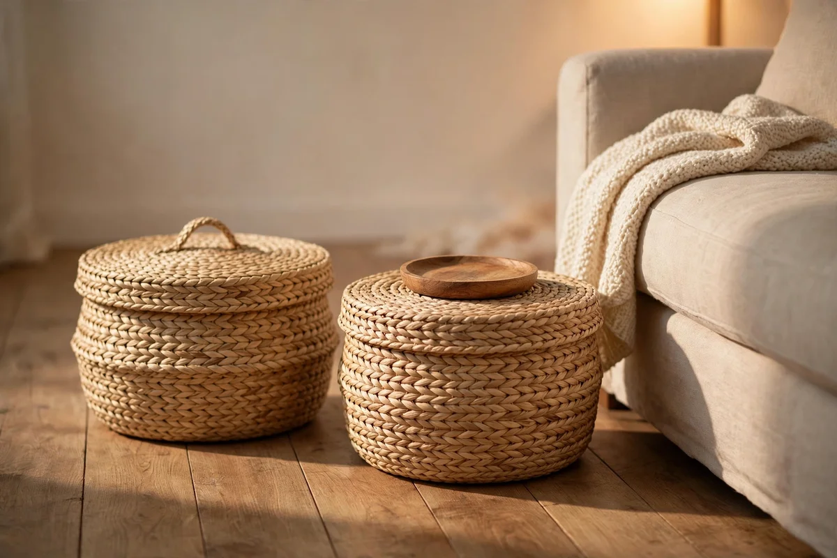 Lidded seagrass baskets beside a sofa holding remotes and books