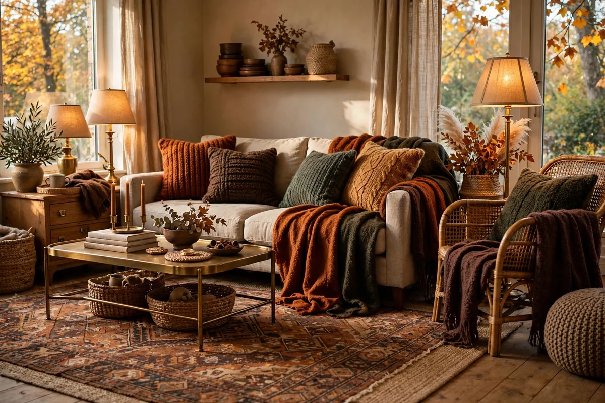 Living room mood board showing budget tiers of autumn styling