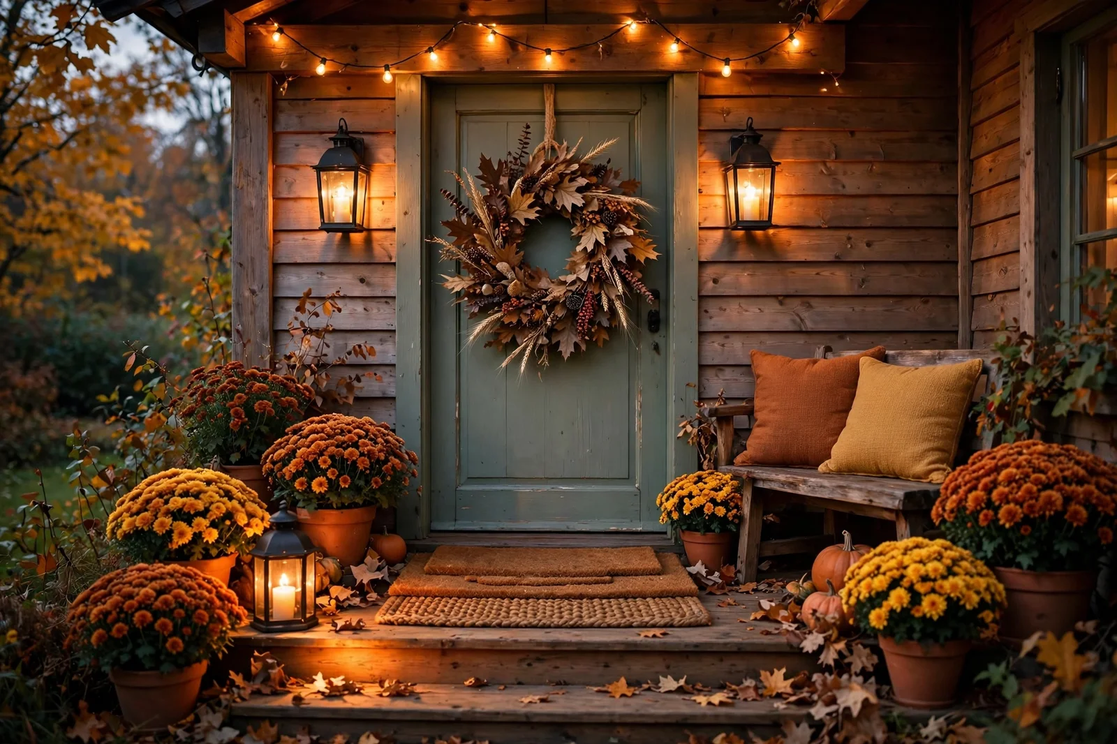 Autumn front porch at dusk with dried-leaf wreath, glowing lanterns, layered mats and a bench with rust cushions
