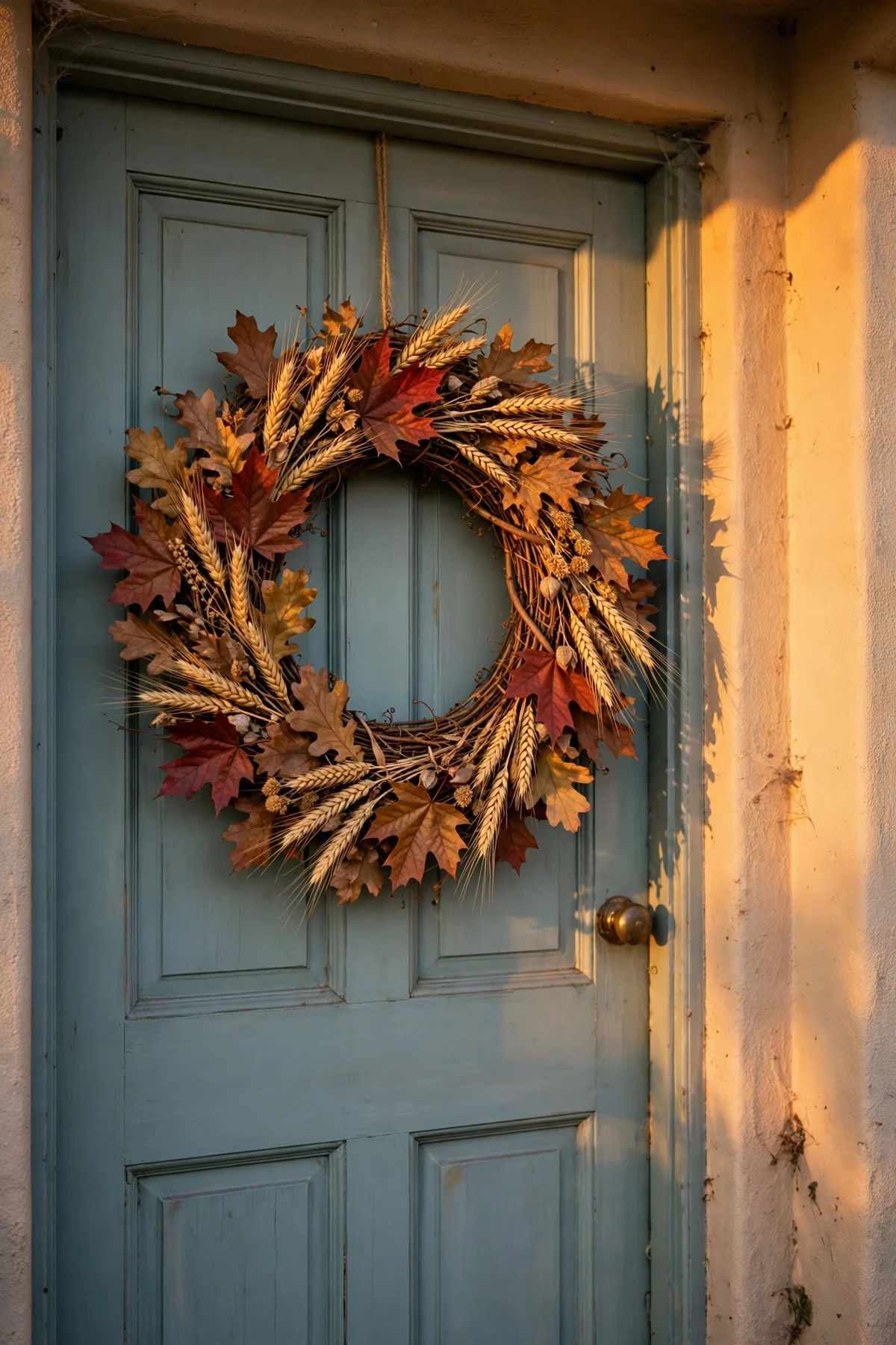 Dried-leaf and wheat wreath hanging centred on a painted front door