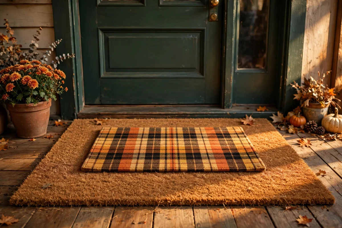 Two layered doormats, a large coir base with a smaller patterned autumn topper