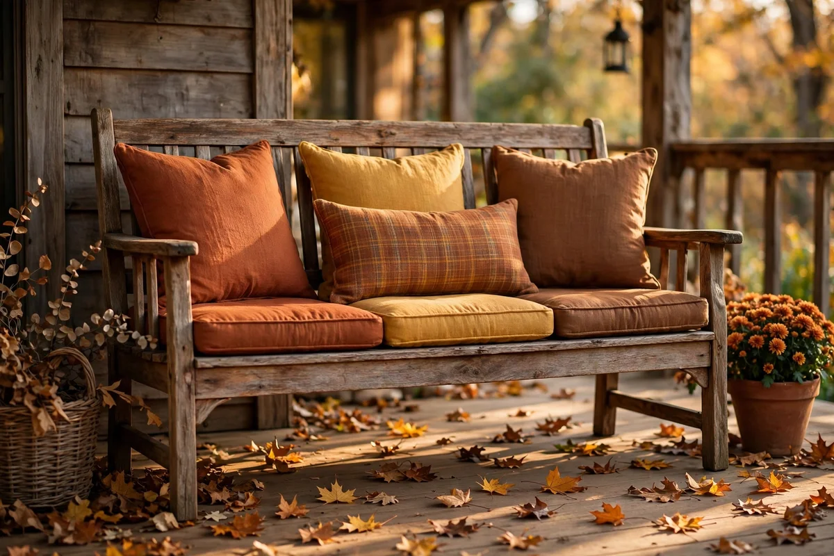 Wooden porch bench dressed with rust, mustard and brown outdoor cushions