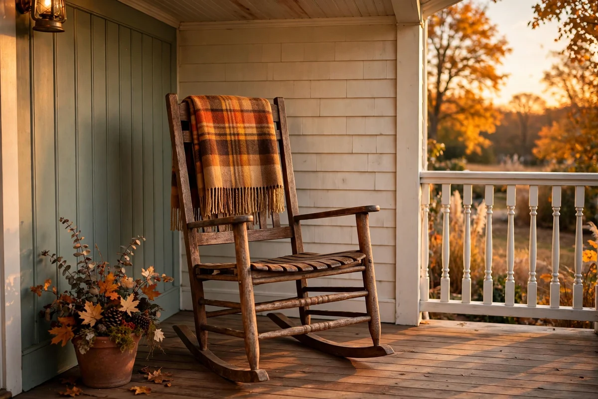 Wooden rocking chair on a porch with a folded autumn plaid throw