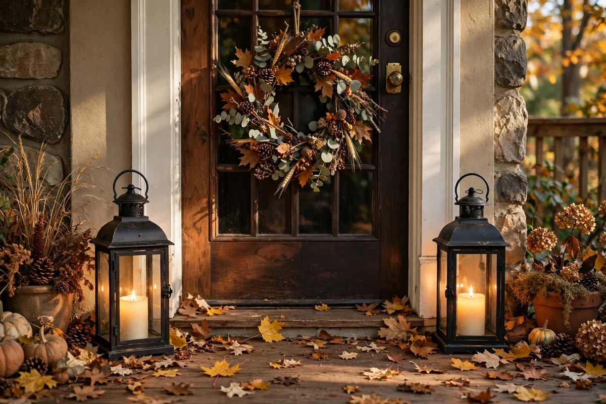 Two glowing lanterns flanking a front door on an autumn porch