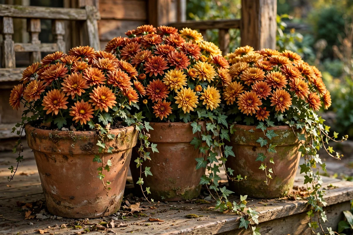 Terracotta pots of blooming autumn chrysanthemums on a porch