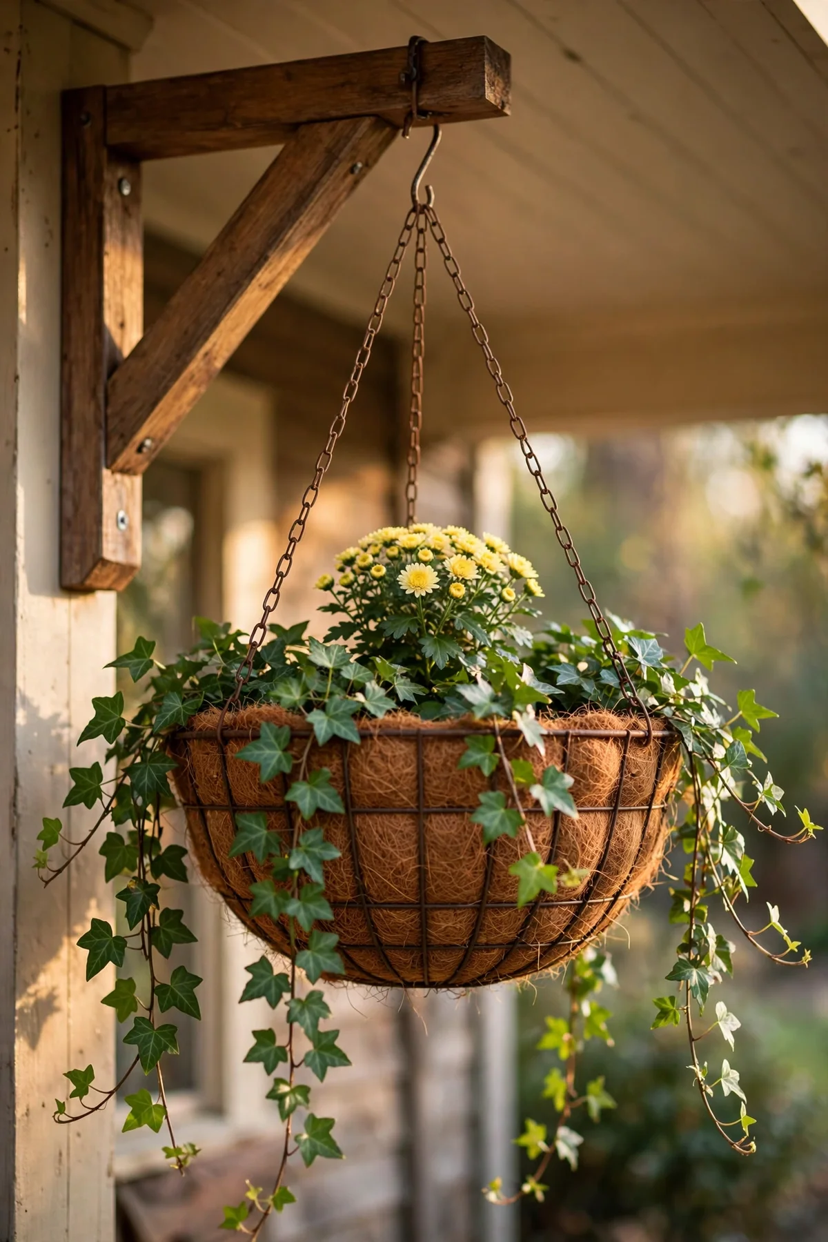 Hanging basket of trailing ivy and autumn plants on a porch bracket