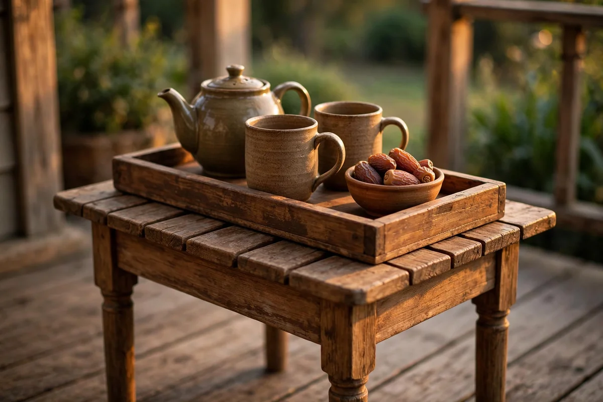 Porch side table with a wooden tray holding a teapot and two mugs