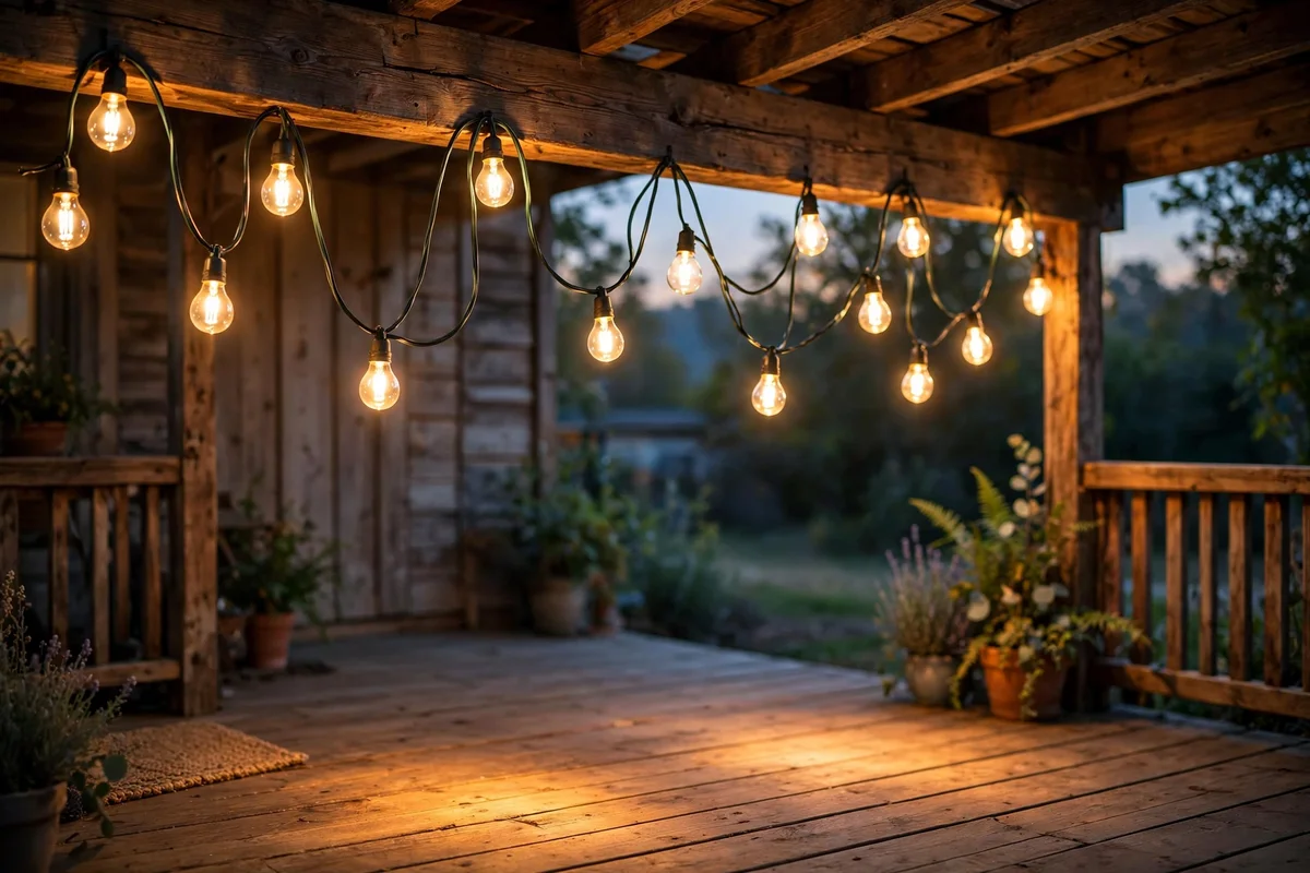 Warm festoon lights strung along a wooden porch beam at dusk