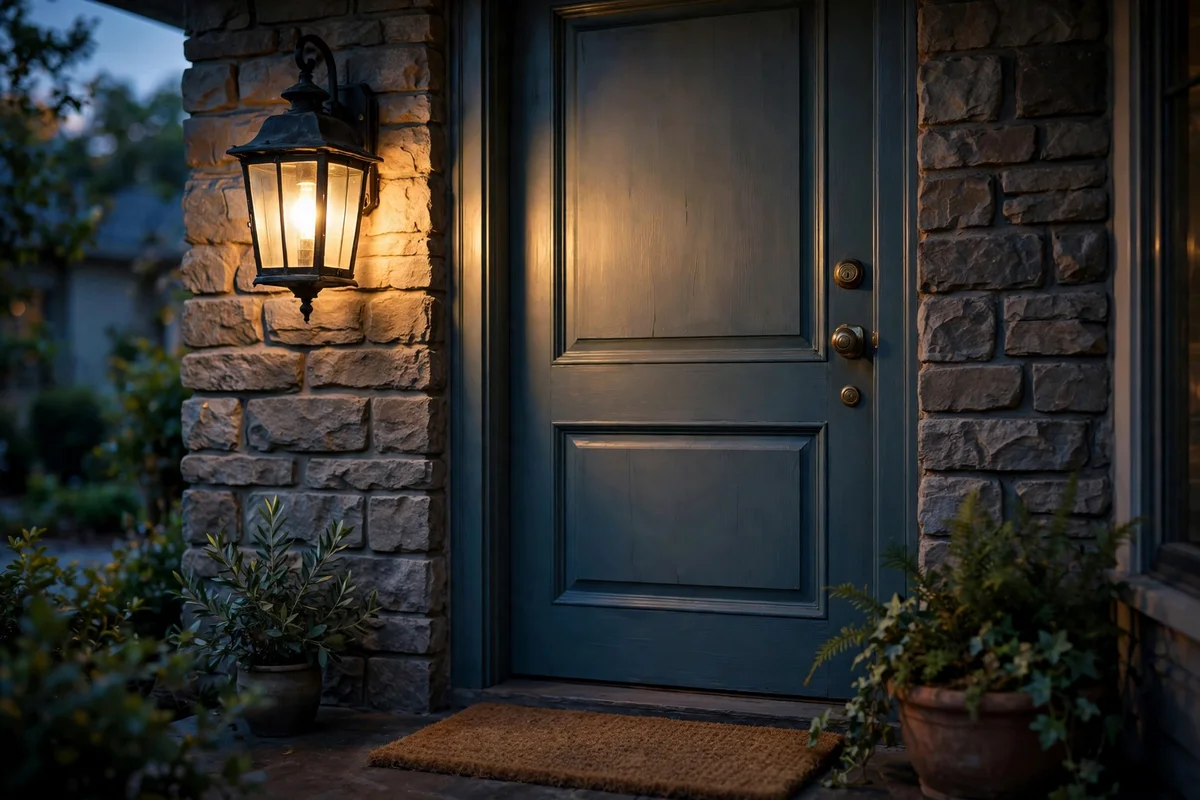 Porch wall fixture glowing warm at dusk with an automatic bulb