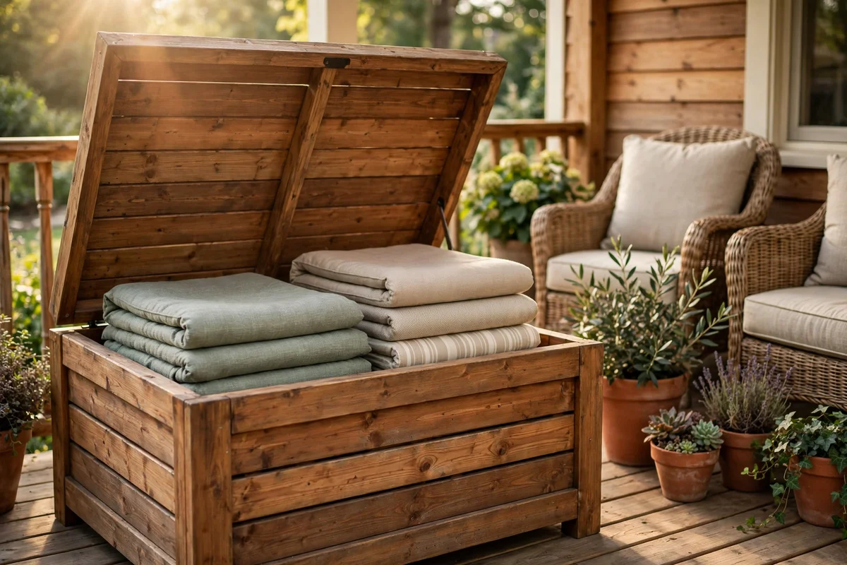Cedar deck box with cushions stored inside on an autumn porch