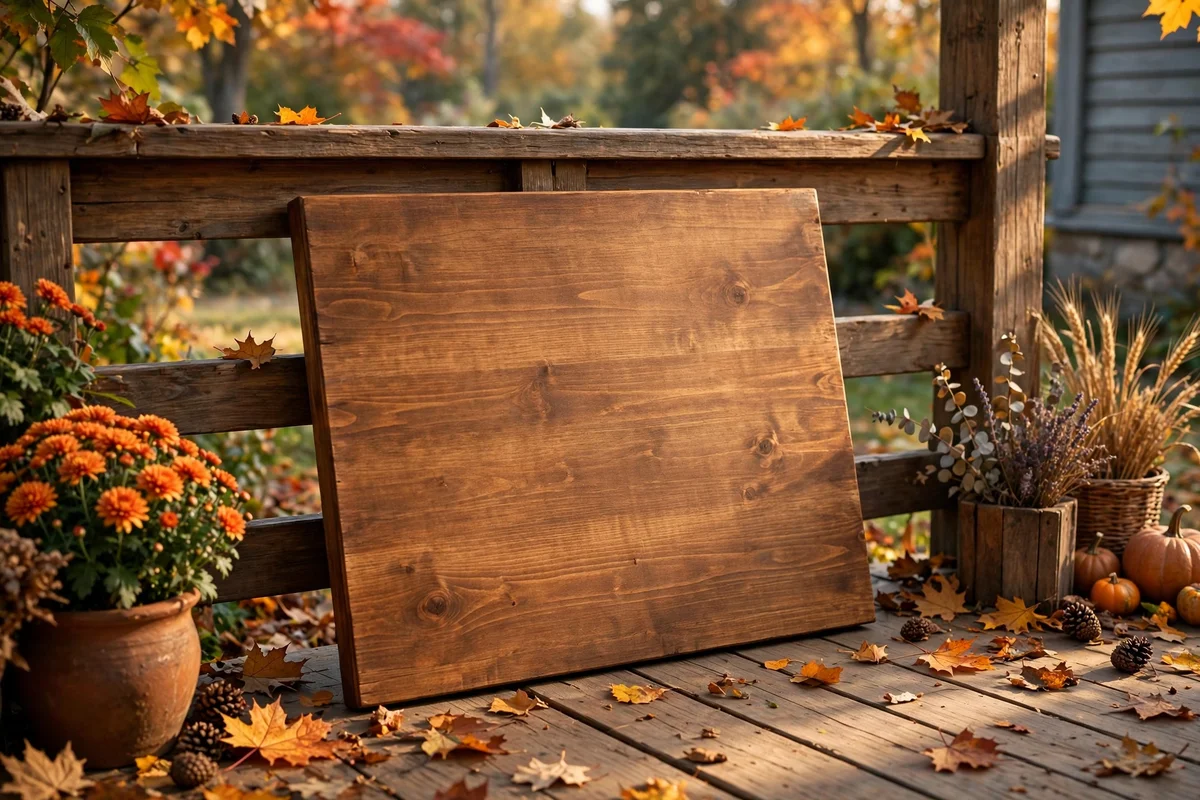 Blank wooden sign leaning against a porch rail in autumn