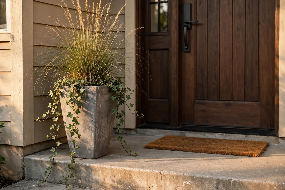 Tiny front stoop with one tall autumn planter beside the door