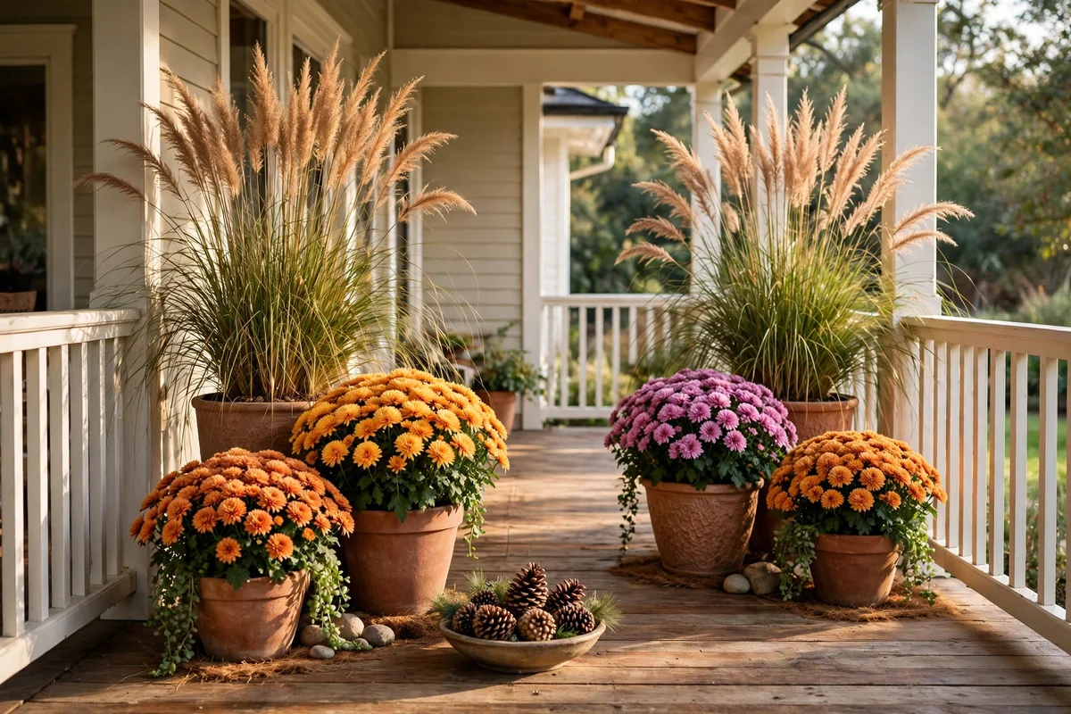 Wide veranda with groups of three staggered autumn planters