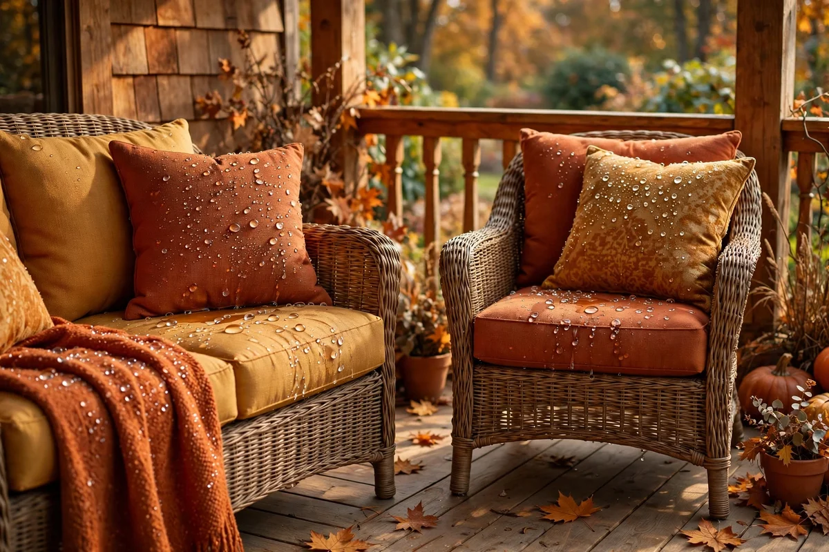 Weatherproof acrylic cushions in autumn tones on porch seating
