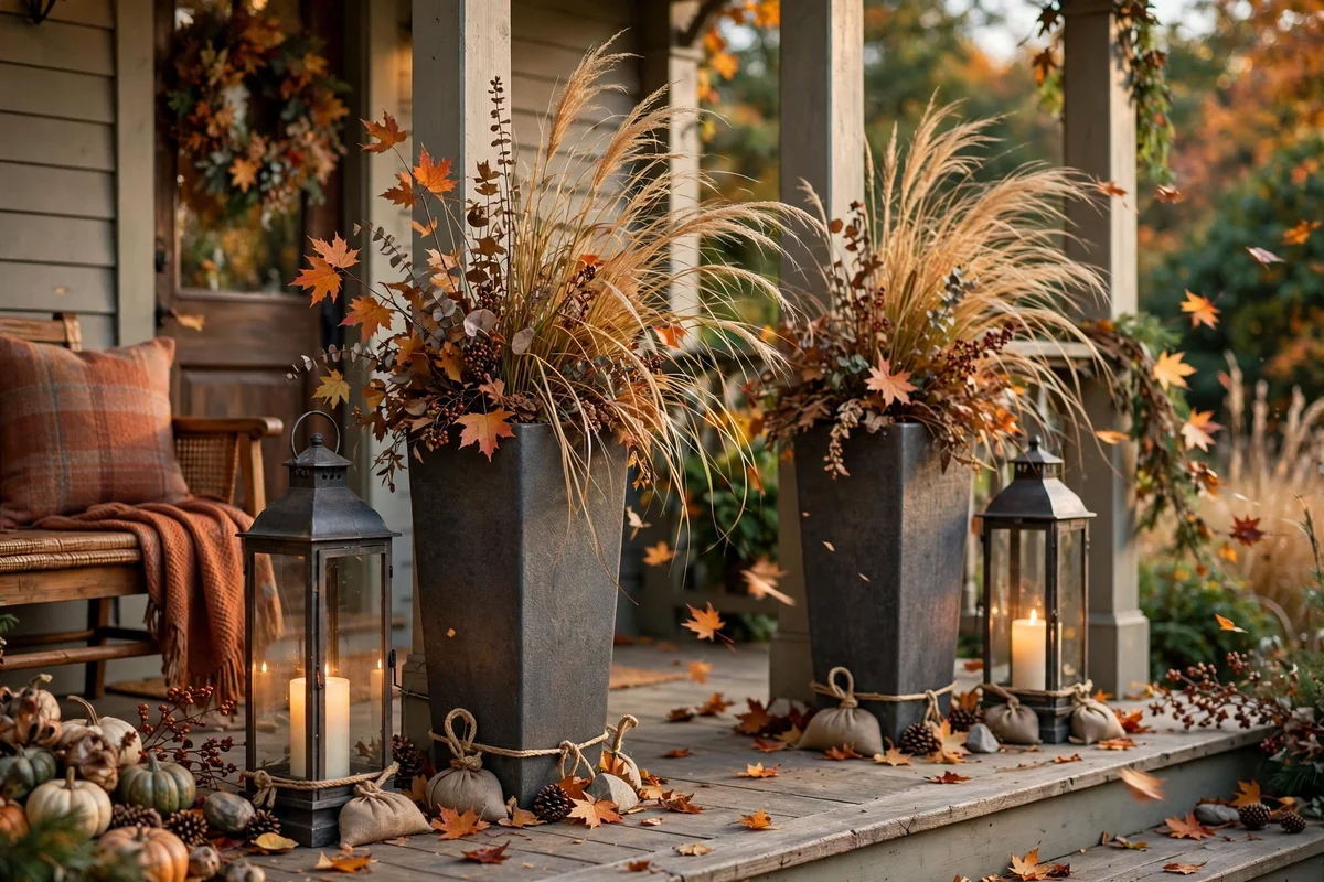 Porch decor secured against wind with hidden weights and ties