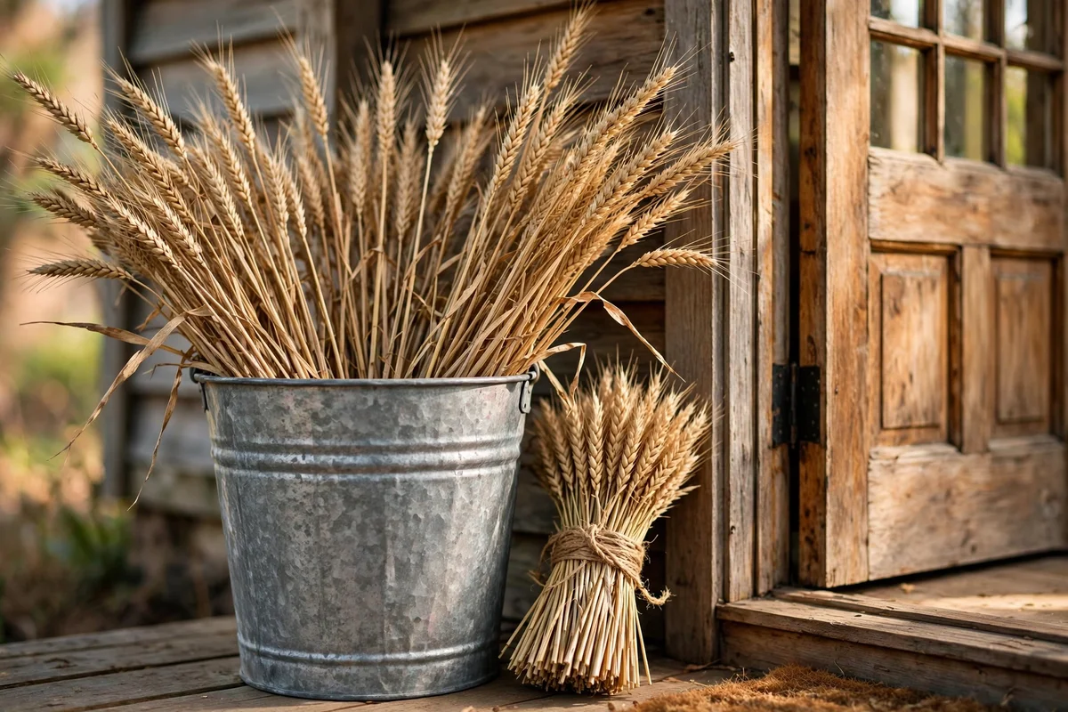 Galvanized bucket of dried wheat stems beside a porch door