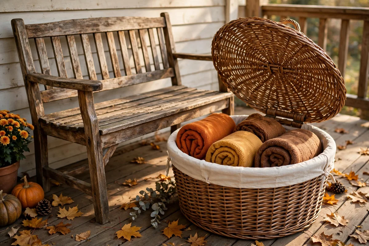 Lidded wicker basket of rolled blankets beside a porch bench