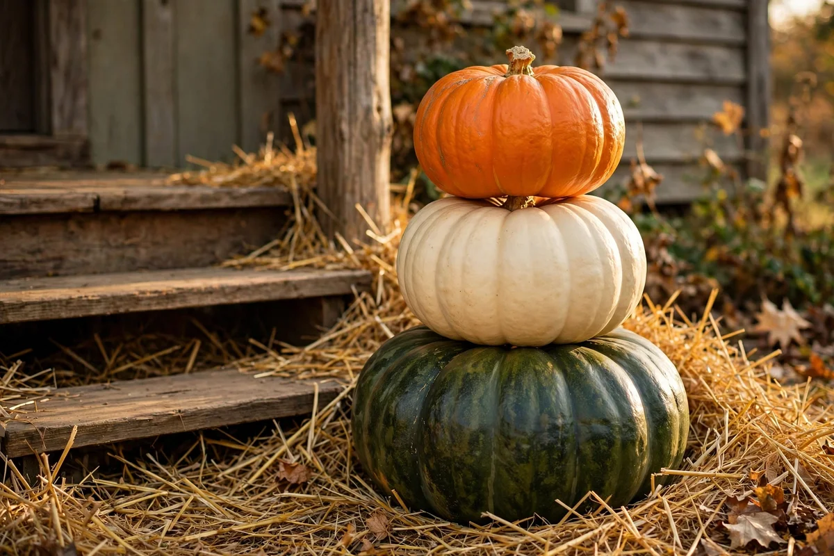 Three graduated pumpkins stacked in a tower beside porch steps