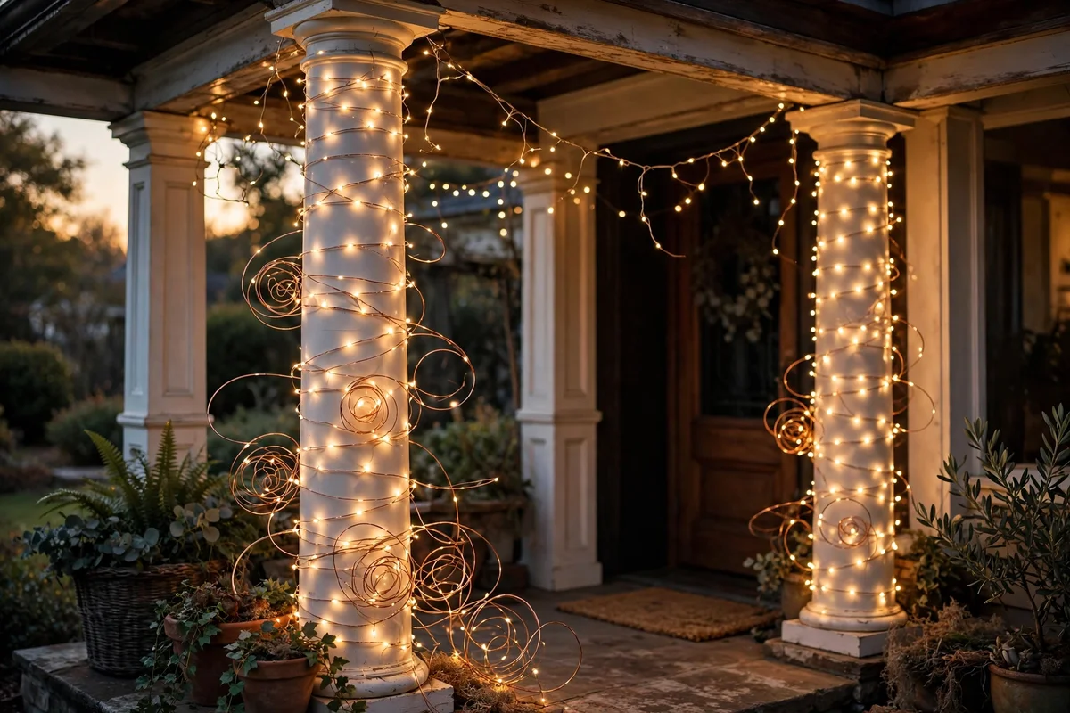 Porch columns wrapped in warm battery fairy lights at dusk