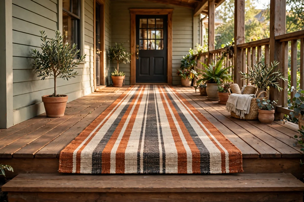 Long striped outdoor runner rug along a porch floor