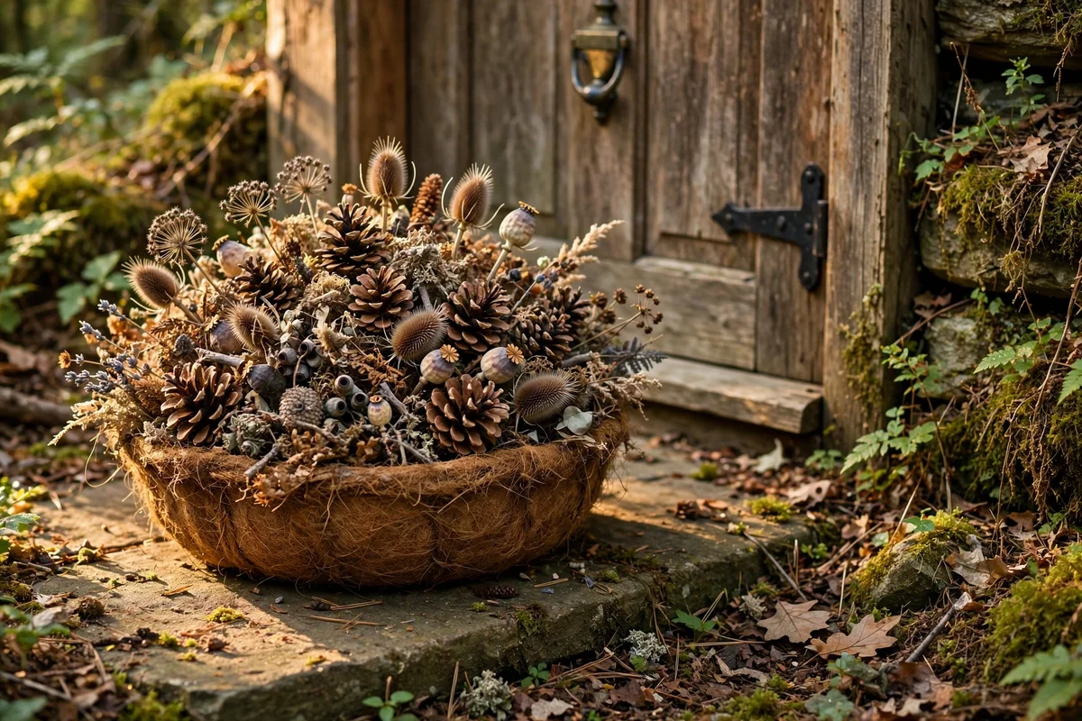 Coir basket overflowing with pinecones beside a front door