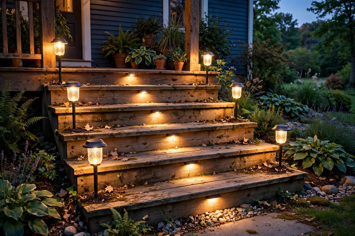 Solar stake lanterns glowing along porch steps at dusk