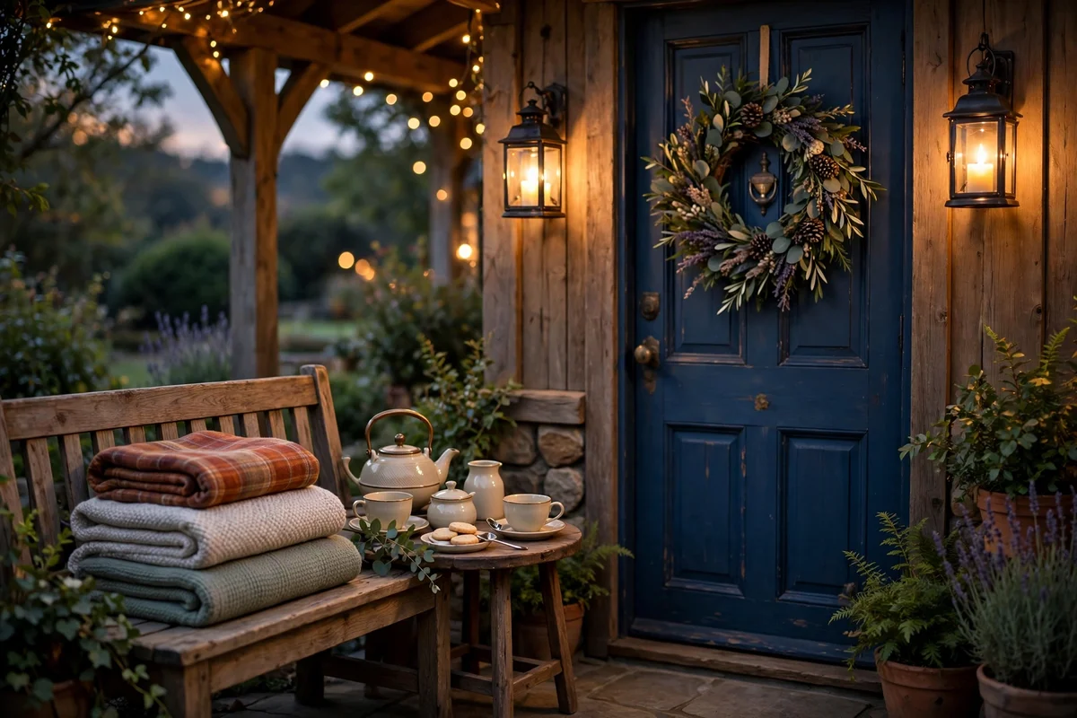 Family porch scene at dusk with tea set ready on a side table