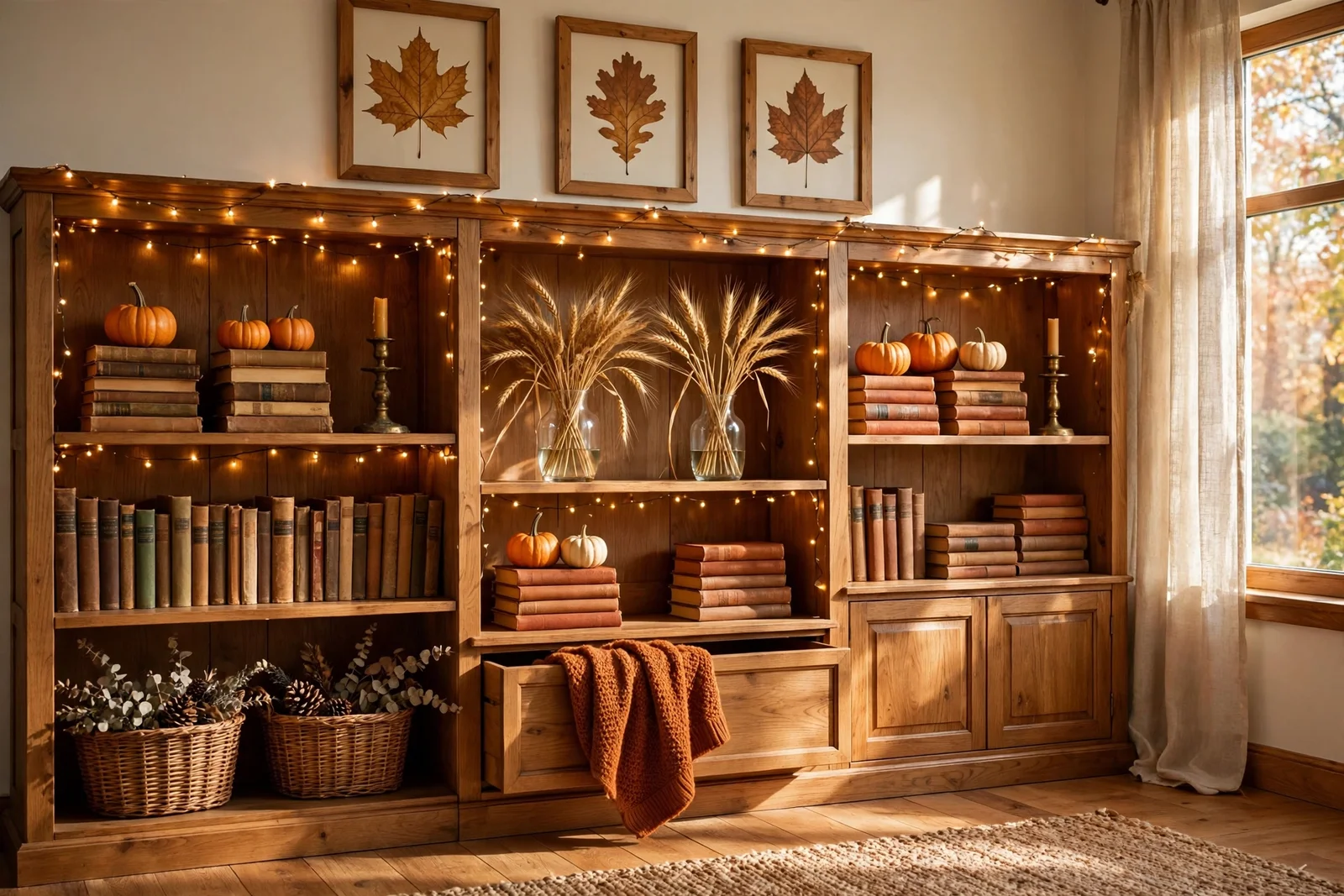 Autumn styled living room bookcase with pumpkins, brass candlesticks and dried stems